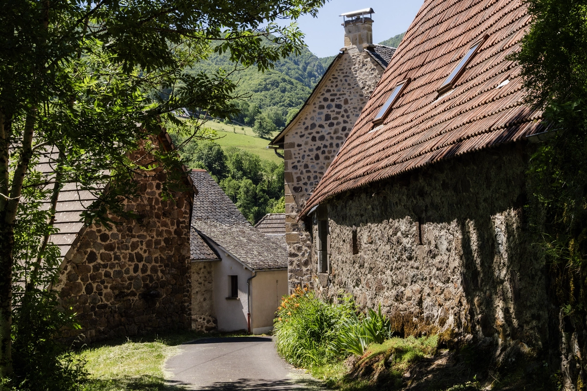 A narrow lane winding between old stone houses with terracotta and slate roofs in a Cantal hamlet, wooded green hills rising behind