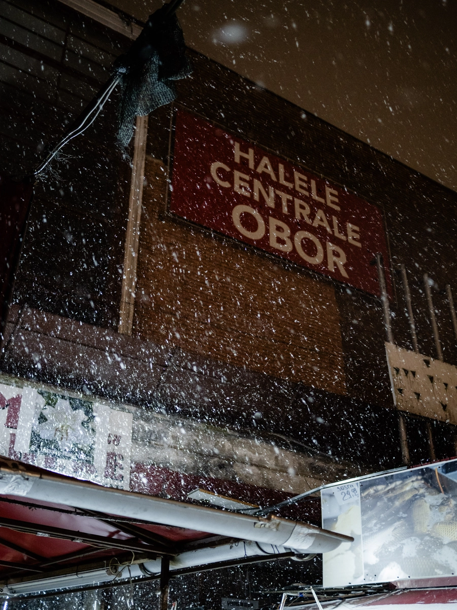 Halele Centrale Obor market sign in heavy snowfall at night